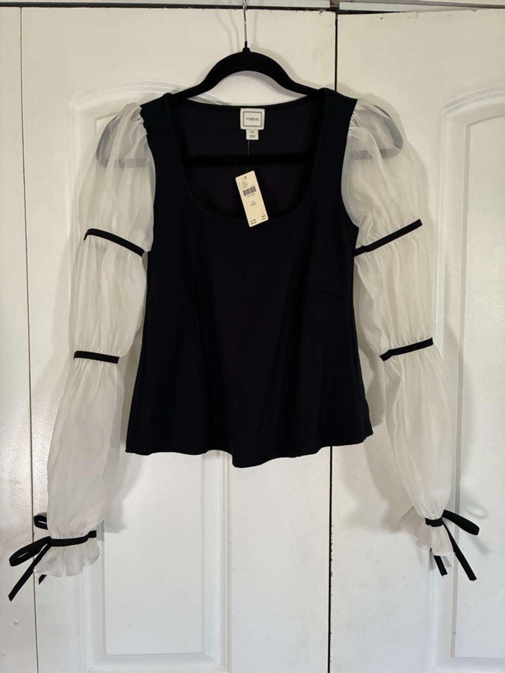 Maeve Black Bodice Top with White Sheer Balloon Sleeves - Picture 2 of 7